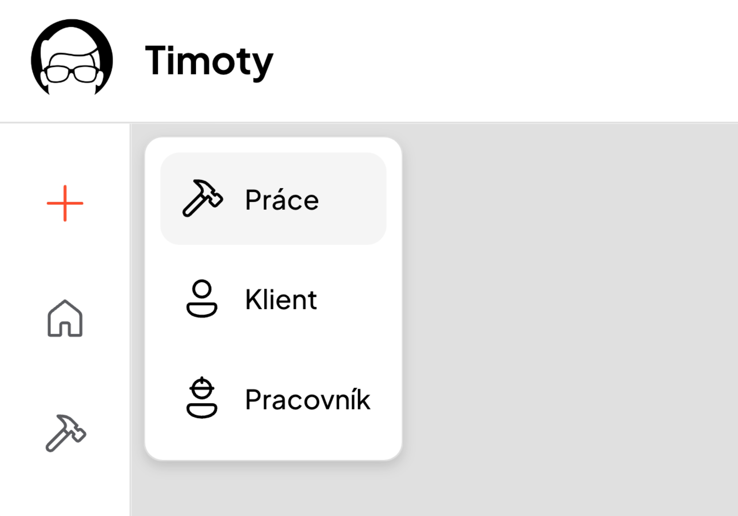Timoty aplikace - Nová práce - menu